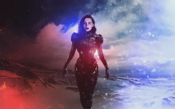4K Ultra HD PC wallpaper featuring Emilia Clarke in a Mass Effect-inspired futuristic armor amidst a cosmic, starry background.