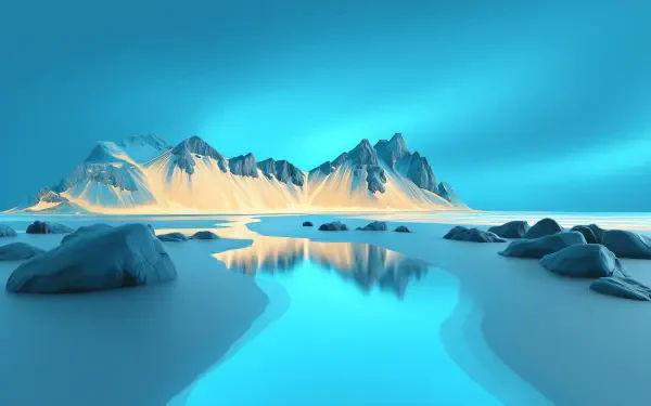 A minimalist HD desktop wallpaper featuring a serene winter mountain landscape in cyan and blue tones with reflective water and scattered rocks.