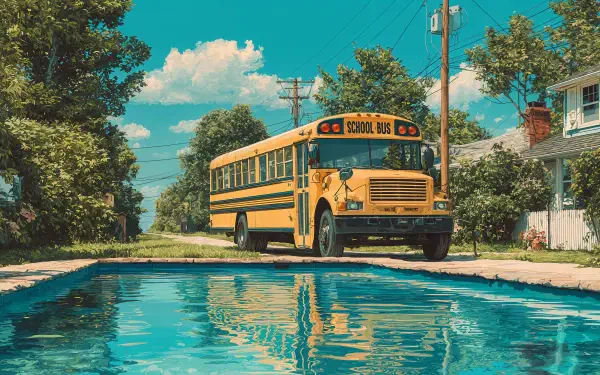 A bright yellow school bus parked near a suburban street with a clear blue sky, captured in vibrant 4K Ultra HD clarity for a PC desktop wallpaper.