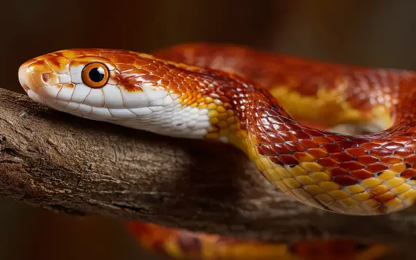 Close-up of a vibrant corn snake wrapped around a branch, captured in stunning 4K Ultra HD detail for a striking PC desktop wallpaper.
