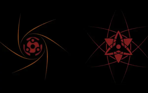 HD anime desktop wallpaper featuring Madara Uchiha's Mangekyō Sharingan and Sharingan symbols from Naruto against a black background.