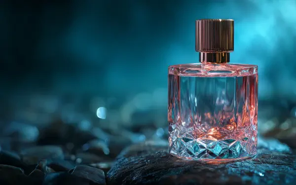 HD desktop wallpaper featuring a crystal-cut perfume bottle with a gold cap, set against a softly blurred blue background in elegant photography style.