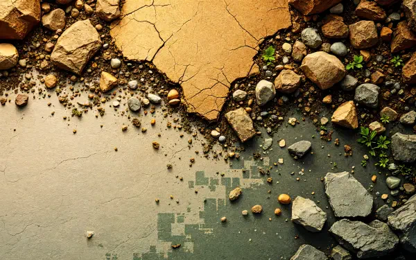 4K Ultra HD PC desktop wallpaper featuring a textured, cracked earth design with scattered rocks and a gradual pixelated transition effect.