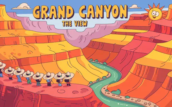Colorful cartoon illustration of the Grand Canyon with a river flowing through it, featuring tourists and a smiling sun, designed as a 4K Ultra HD PC desktop wallpaper.