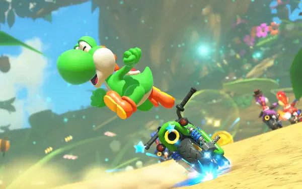 4K Ultra HD wallpaper featuring a vibrant Mario Kart world with Yoshi in mid-jump and racers speeding on a lush, dynamic track.