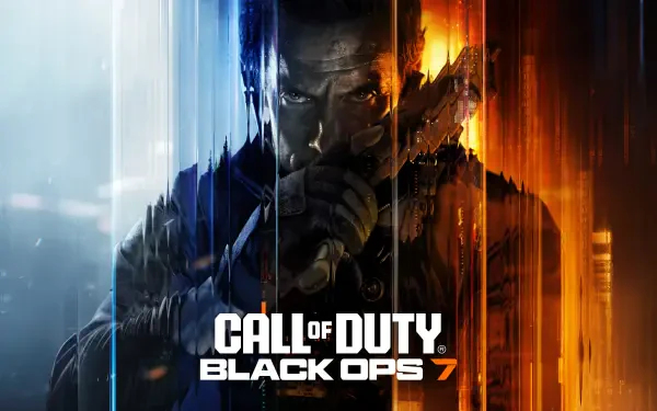 4K Ultra HD PC desktop wallpaper featuring a dramatic split portrait of a soldier from the video game Call of Duty: Black Ops 7 with contrasting blue and orange tones.
