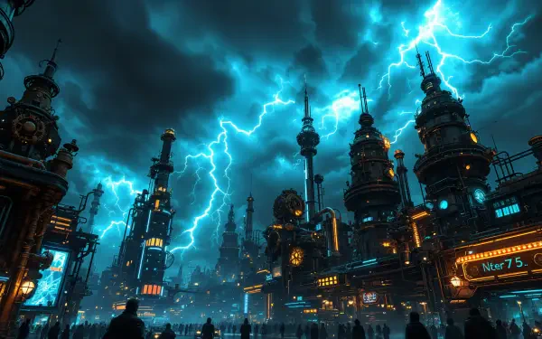 4K Ultra HD PC desktop wallpaper showcasing a dramatic lightning storm illuminating a futuristic cityscape at night with towering industrial structures.