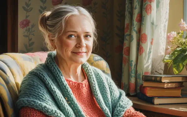 A serene grandmother wrapped in a knitted shawl, sitting by a window with floral curtains and a stack of books, captured in 4K Ultra HD for a PC desktop wallpaper.