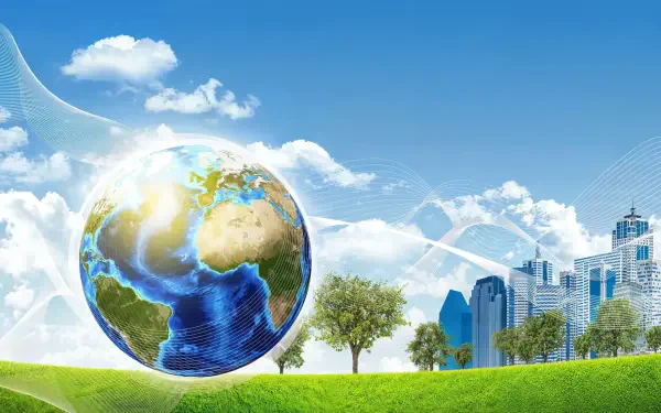 HD PC desktop wallpaper featuring a vibrant globe with a Frutiger Aero style, set against a bright blue sky, green landscape, and modern cityscape background.