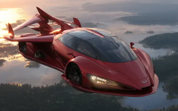 Red futuristic flying car glides above misty landscapes at sunset, showcased as a high-definition PC desktop wallpaper and background.