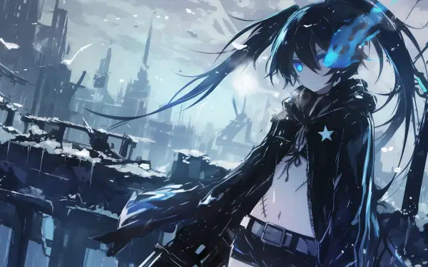 HD anime desktop wallpaper featuring Black Rock Shooter with glowing blue eye flames, set against a dystopian cityscape background.
