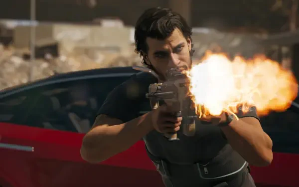 HD PC desktop wallpaper from the video game MindsEye, showing a character firing a gun with a red car in the background.