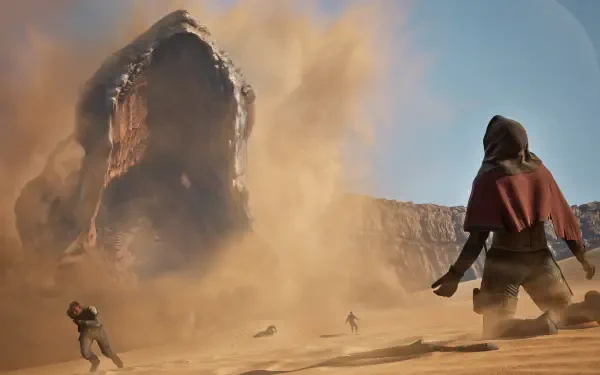 4K Ultra HD PC desktop wallpaper showcasing a dramatic desert scene from the video game Dune: Awakening, featuring massive sandworms and figures in the sandy landscape.