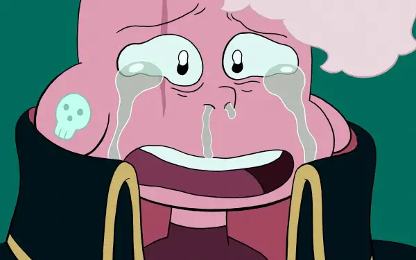 HD PC desktop wallpaper from the TV show Lars of the Stars, featuring a close-up of a pink character with teary eyes and a distressed expression.
