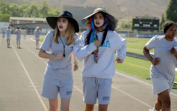 Scene from the movie Freakier Friday showing two characters jogging on a track, featured as an 8K Ultra HD PC desktop wallpaper and background.