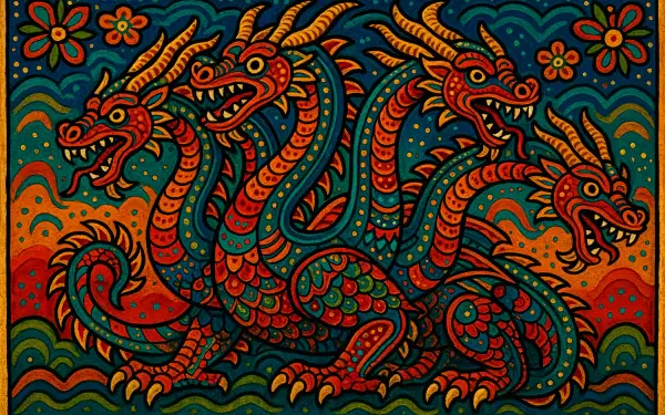 Vibrant 4K Ultra HD PC desktop wallpaper of a multi-headed dragon featuring intricate patterns and bold colors in a stylized, ornamental design.