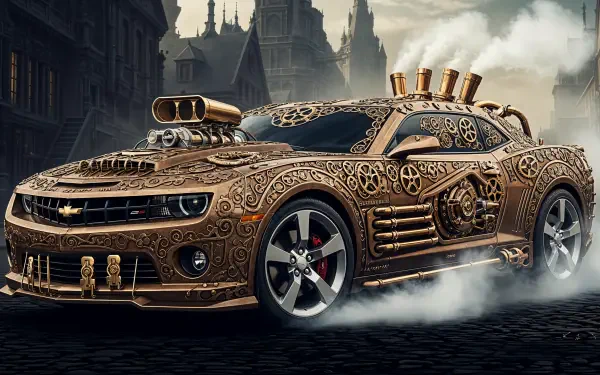A steampunk-styled Chevrolet Camaro with intricate gears and pipes, captured in a 4K Ultra HD PC desktop wallpaper and background.