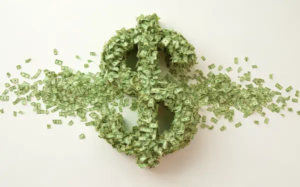 A 4K Ultra HD desktop wallpaper featuring a large dollar sign formed entirely from scattered money bills on a light background.