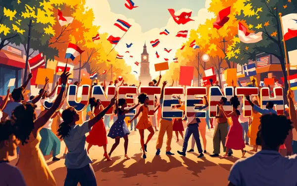 A vibrant 4K Ultra HD desktop wallpaper celebrating Juneteenth with diverse people holding large letters spelling JUNETEENTH amidst colorful flags and autumn trees.