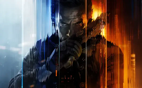 Call of Duty: Black Ops 7 4K Ultra HD PC desktop wallpaper — a shadowed soldier split by blue and orange light, gripping a rifle.
