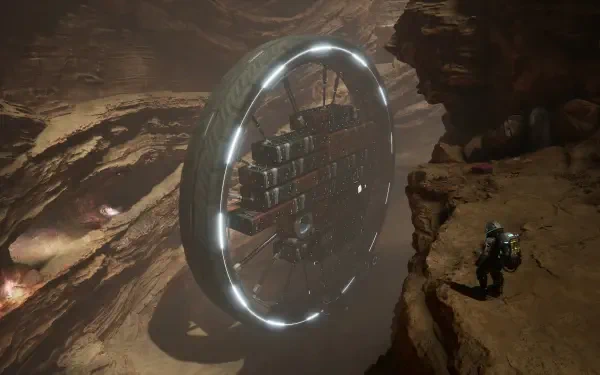 HD PC desktop wallpaper featuring a sci-fi scene from the video game The Alters, showing a futuristic portal in a rocky canyon with a lone armored figure nearby.