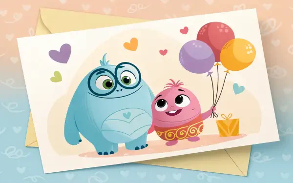 A colorful card illustration featuring two cute cartoon monsters, one blue and one pink holding balloons, set against a soft pastel background, rendered in 4K Ultra HD for PC desktops.