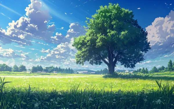 HD anime summer landscape featuring a vibrant tree under a bright blue sky with fluffy clouds, captured in a serene nature setting for a PC desktop wallpaper.