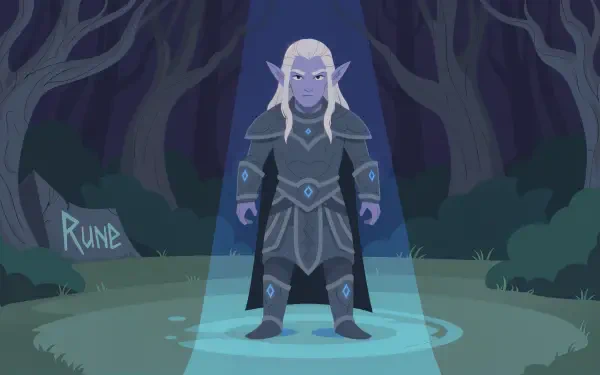 4K Ultra HD PC wallpaper featuring a dark elf with silver hair and intricate armor standing in a mystical forest clearing under glowing runes.