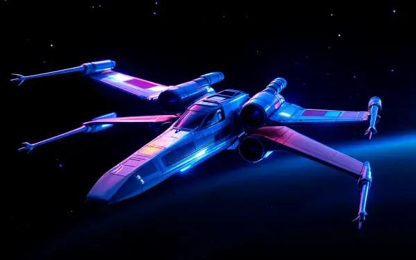 4K Ultra HD PC desktop wallpaper featuring a detailed X-Wing starfighter glowing with blue and pink lights against a dark space background.