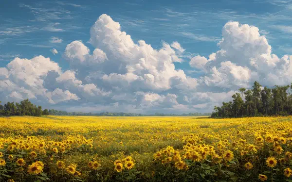 A vibrant 4K Ultra HD desktop wallpaper showcasing a vast sunflower field under a bright blue sky filled with fluffy white clouds.