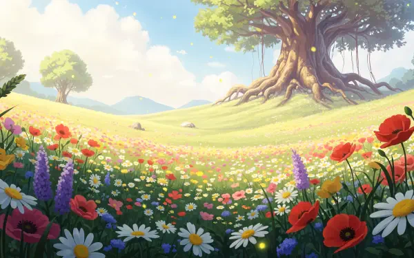 4K Ultra HD PC desktop wallpaper depicting a vibrant flower field with colorful blooms under a bright sky and a large tree with sprawling roots.