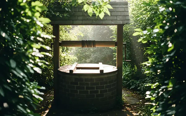 4K Ultra HD PC desktop wallpaper of a peaceful stone well surrounded by lush green foliage and soft sunlight filtering through the trees.