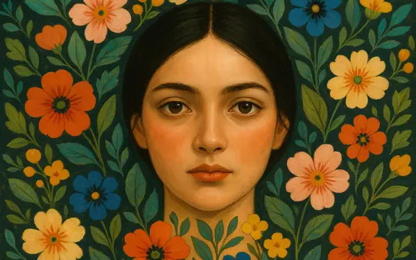 A 4K Ultra HD PC desktop wallpaper featuring a serene young woman’s face surrounded by vibrant, colorful flowers and lush green leaves.