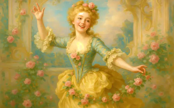 A cheerful young woman in a floral, 18th-century style dress dances joyfully among blooming roses, rendered in a detailed 4K Ultra HD PC desktop wallpaper.