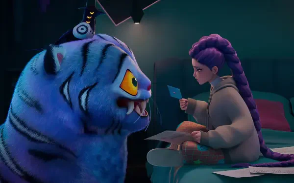 HD PC desktop wallpaper from the movie KPop Demon Hunters featuring a girl with braided hair sitting across a large blue tiger-like creature in a dimly lit room.