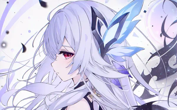 HD PC desktop wallpaper featuring Skirk from the video game Genshin Impact, showcasing a white-haired anime character with intricate blue feathers and a dynamic background.