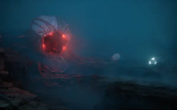 Dark underwater scene from the video game Cronos: The New Dawn, featuring mysterious glowing mechanical creatures in 4K Ultra HD PC desktop wallpaper quality.