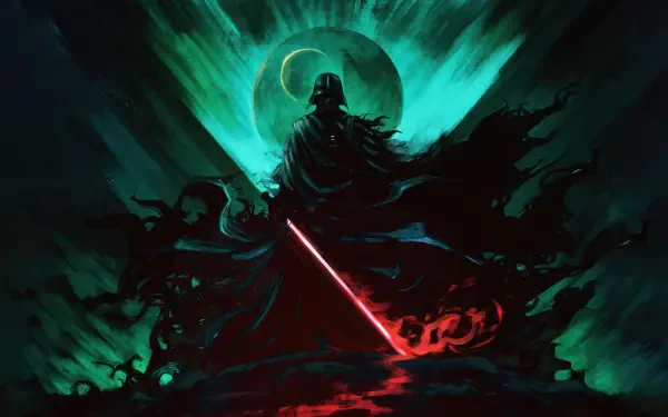Darth Vader wields a red lightsaber against a glowing green-blue backdrop with a moon, captured in an 8K Ultra HD Star Wars movie wallpaper.