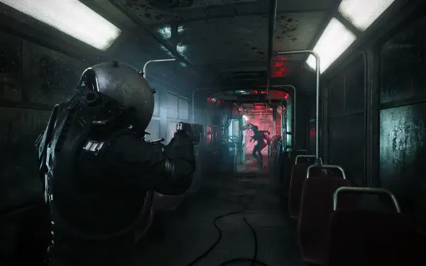 4K Ultra HD PC wallpaper featuring a tense combat scene from the video game Cronos: The New Dawn, set inside a dimly lit, futuristic subway car.