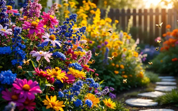 Vibrant garden blooming with colorful flowers and bees in golden sunlight, celebrating Pollinator Week in stunning 4K Ultra HD desktop wallpaper.