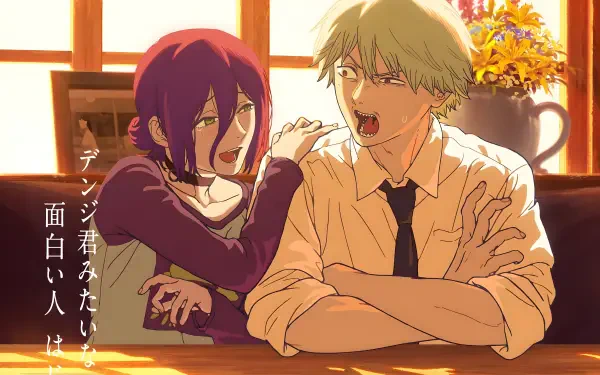 Anime 5K Ultra HD PC desktop wallpaper of Chainsaw Man's Reze and Denji sharing a playful moment at a sunlit café table, warm golden light and a vase of flowers behind them.