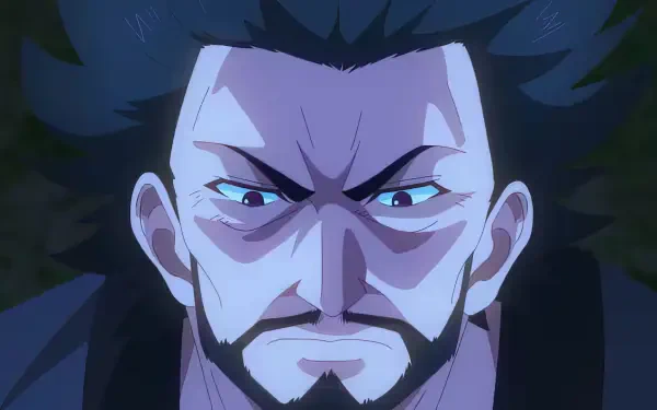 Anime HD PC desktop wallpaper featuring a close-up of a serious male character from I'm the Evil Lord of an Intergalactic Empire! with intense eyes and dark hair.