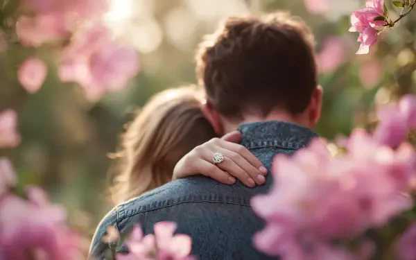 A close embrace of a couple celebrating engagement, featuring a sparkling ring, framed by soft-focus pink blossoms, captured in stunning 4K Ultra HD for PC wallpaper.