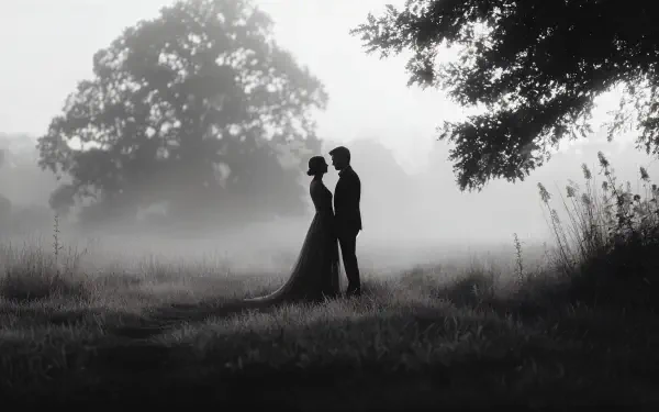 Silhouetted engaged couple standing close in a misty field, framed by trees, captured in stunning 4K Ultra HD as a romantic PC desktop wallpaper background.