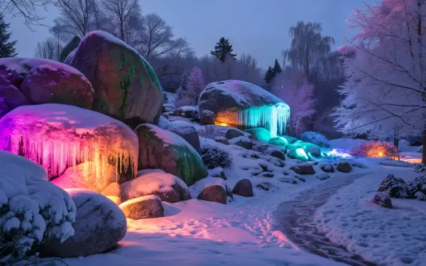 A tranquil rock garden covered in snow and ice, illuminated by vibrant colored lights, captured in stunning 4K Ultra HD for PC desktop wallpaper and background.