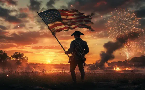 HD desktop wallpaper depicting a soldier holding the American flag at sunset with fireworks in the sky, symbolizing 4th of July Independence Day and war themes.