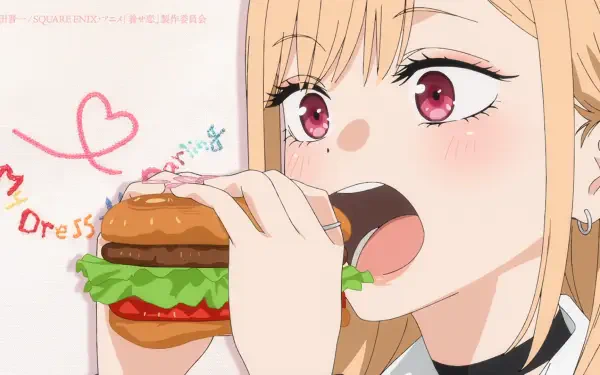 Anime HD PC desktop wallpaper of Marin Kitagawa from My Dress-Up Darling: close-up of her with pink eyes and blonde hair biting into a large hamburger against a soft pastel background.