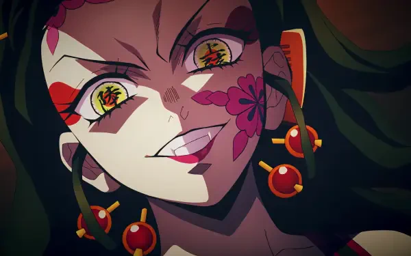 Close-up 4K Ultra HD anime wallpaper featuring Daki from Demon Slayer: Kimetsu no Yaiba, showcasing her intense eyes and detailed floral markings.