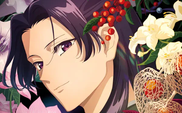 5K Ultra HD anime desktop wallpaper: Jinshi from The Apothecary Diaries, close-up portrait surrounded by lush flowers, berries, and delicate botanical accents.