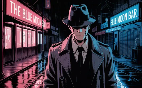 A manhwa-style 4K Ultra HD PC wallpaper of a mysterious man in a fedora and trench coat standing on a neon-lit street outside The Blue Moon bar at night.